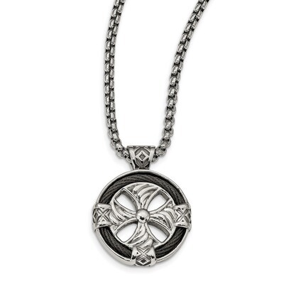 Edward Mirell Stainless Steel &amp; Black Memory Cable Round Cross Necklace by Edward Mirell, MPN: EMN1…