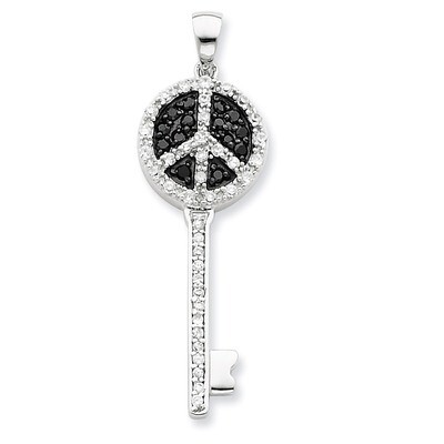 Black and Clear Diamond Peace Sign Top Key Pendant Sterling Silver QP2031, MPN: QP2031, 191101528064