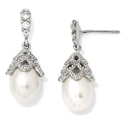 Cheryl M Pearl Post Dangle Earrings Sterling Silver Cubic Zirconia QCM839, MPN: QCM839, 883957488837