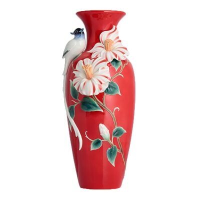 Franz Porcelain Paradise Flycatcher and Camellia Design Sculptured Porcelain Large Vase FZ02811, MP…