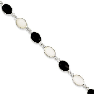 7 Inch Onyx &amp; Mother of Pearl Bracelet Sterling Silver QG2399-7, MPN: QG2399-7, 191101275708