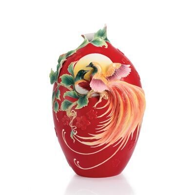 Franz Porcelain Double Birds Of Paradise and Peach Blossom Design Sculptured Porcelain Large Vase F…