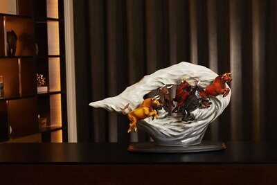 Franz Porcelain Five Oxen Running Design Sculptured Porcelain Figurine With Wooden Base FZ03652, MP…
