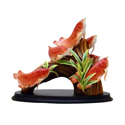 Franz Porcelain Six Red Arowanas Design Sculptured Porcelain Figurine With Wooden Base FZ03818, MPN…
