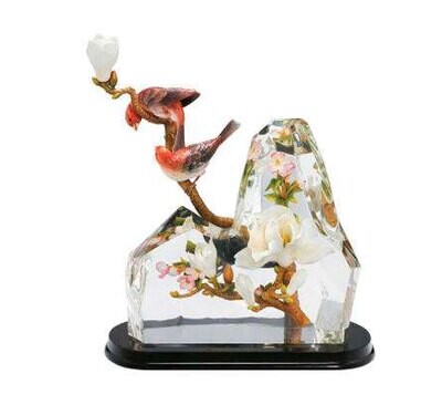 Franz Porcelain Lucite Porcelain Magnolia and Red Head Chickadee Figurine with Wooden Base Limited …