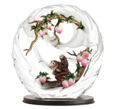 Franz Porcelain Lucite Three Monkeys Sitting In Peach Figurine with Wooden Base Limited Editon of 8…