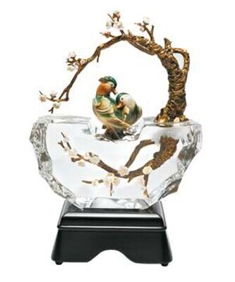 Franz Porcelain Lucite Two Birds and Tree Figurine with Wooden Base Limited Editon of 199 FL00065, …
