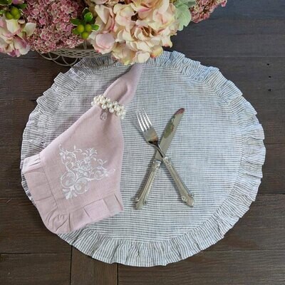 Crown Round Linen Placemat with Ruffle Grey Set of 8 P720