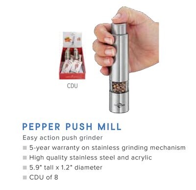 Frieling Pepper Push Mill - Stainless &amp; Acrylic - 5.9&quot; x 1.2&quot; - Cdu Of 8 (Cost $12.00 Each) K3010102800