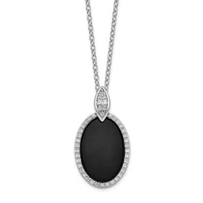 Oval Black Agate &amp; CZ Diamond with 1 Inch Extender. Necklace Sterling Silver Rhodium-plated QG5282-…