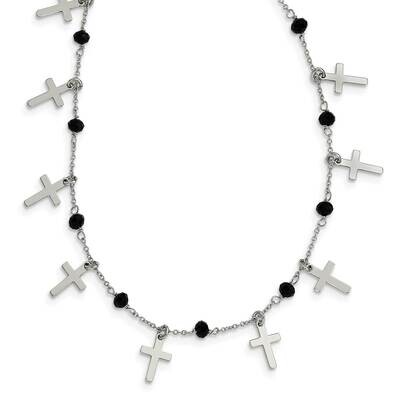 Black Crystal Cross with 1.25 Inch Extender Necklace 16.25 Inch Sterling Silver Rhodium-Plated QG60…