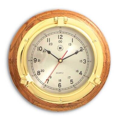 Oak Wood Lacquered Brass Porthole Quartz Clock GM21400, MPN: GM21400, 797140115083