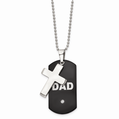 Black IP-plated Dog Tag with CZ Stone Stone Cross Necklace Stainless Steel SRN1344-22 by Chisel, MP…