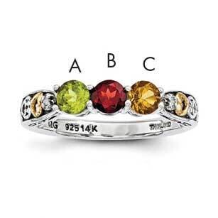 Three-Stone and Diamond Mother&#39;s Ring Sterling Silver &amp; 14k Gold QMR23/3SY-5, MPN: QMR23_3--6,