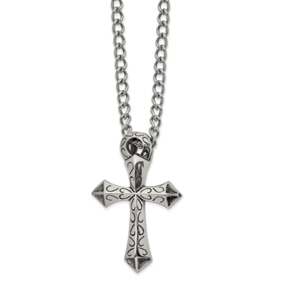 Polished Cross Slide 24 Inch Necklace Stainless Steel Antiqued SRN2512-24 by Chisel, MPN: SRN2512-2…