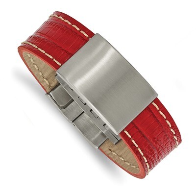 Red Leather 8 Inch ID Bracelet Stainless Steel Brushed SRB2120-8 by Chisel, MPN: SRB2120-8, 1911010…