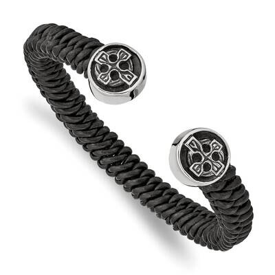 Stainless Antiqued and Polished Black Leather Celtic Cross Cuff Bracelet SRB2481, MPN: SRB2481, 191…