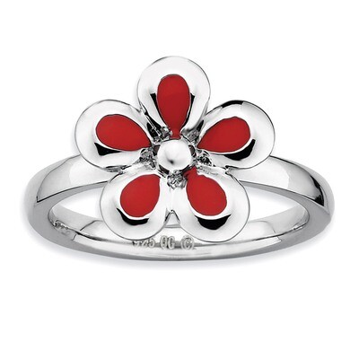 Red Enameled Flower Ring - Sterling Silver Polished QSK122, MPN: QSK122, 886774210254