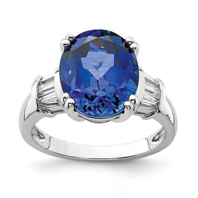Created Blue Sapphire &amp; CZ Diamond Baguette Ring Sterling Silver Rhodium-plated QR7052, MPN: QR7052,