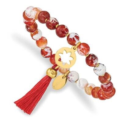 Yellow Ip Flower Orange Agate Stretch Bracelet Stainless Steel Polished SRB2358, MPN: SRB2358, 1911…