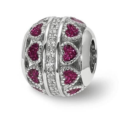Pink Enamel Hearts &amp; CZ Diamonds Cut Out Circle Bead Sterling Silver QRS3962, MPN: QRS3962,