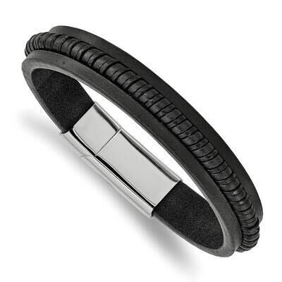 Black Leather 8.25 Inch Bracelet Stainless Steel Polished SRB2436-8.25, MPN: SRB2436-8.25, 19110185…