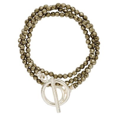 Nikki Lissoni Titanium Color Wrap Bracelet with Facet Round Pyrite Beads of 4mm with Gold-Plated T-…