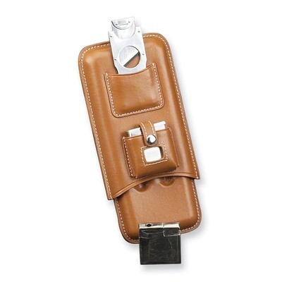 Brown Leather Three Cigar Case with Cutter &amp; Lighter GM113, MPN: GM113, 797140592433