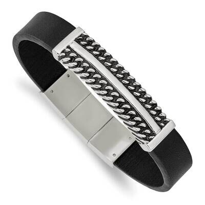 Polished Black Leather with .5 Inch Extender 8 Inch Bracelet Stainless Steel Antiqued SRB2998-8, MP…