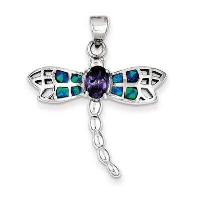 Blue Inlay Created Opal Dragonfly Oval Amethyst Pendant Sterling Silver QC7689, MPN: QC7689, 883957…