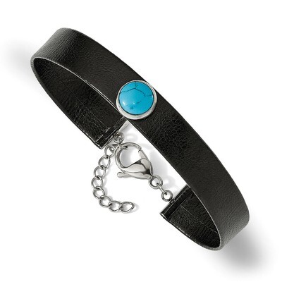 Leather with Imit. Turquoise with 1.25 Inch Extender Bracelet Stainless Steel Polished SRB2534-7 by…