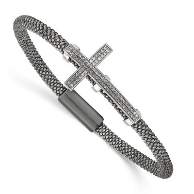 Rhodium-plated with CZ Diamond Cross Mesh Bracelet 7.5 Inch Sterling Silver QB960, MPN: QB960,