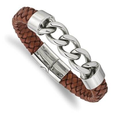 Chain and Brown Leather 8.25 Inch Bracelet Stainless Steel Polished SRB2764-8.25, MPN: SRB2764-8.25…