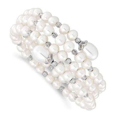 Diamond-Cut 6-11mm White Rice/Off-Round Cultured Freshwater Pearl Wrap Brace Sterling Silver Rhodiu…