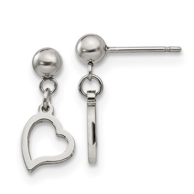 5 mm Ball Post Heart Dangle Earrings Stainless Steel SRE910 by Chisel, MPN: SRE910, 191101648014