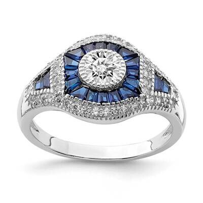 Synthetic Blue Spinel &amp; CZ Diamond Ring Sterling Silver Rhodium-plated QR7015, MPN: QR7015, 8839579…