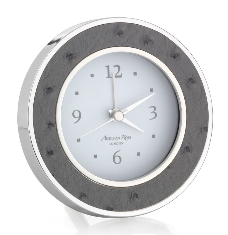 Addison Ross Twilight Ostrich Silver Silent Alarm Clock 4 x 4 InchSilver-plated FR5511