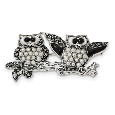 Marcasite with Black Agate, Mop &amp; Cultured Pearl Pin Sterling Silver QP3974, MPN: QP3974,