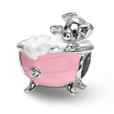 Pink Enamel &amp; CZ Diamonds Pig In A Bathtub Bead Sterling Silver QRS3958, MPN: QRS3958,
