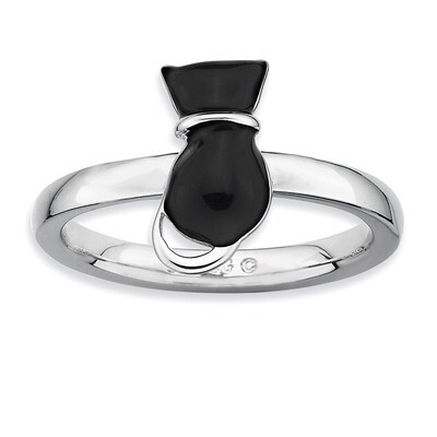 Black Enameled Cat Ring - Sterling Silver Polished QSK127, MPN: QSK127, 886774210506