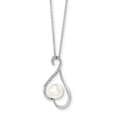 9-10mm White Cultured Freshwater Pearl CZ Diamond Chain Slide Necklace 17 Inch Sterling Silver Rhod…