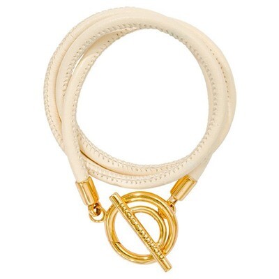 Nikki Lissoni Ivory White Leather Wrap Bracelet with Gold-Plated T-Bar Closure Fits 21cm 8.2 inch C…