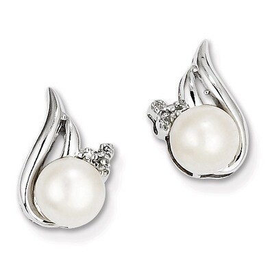 6mm Cultured Pearl &amp; Diamond Post Ear Sterling Silver QDX311, MPN: QDX311, 883957539935