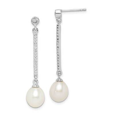 8-9mm White Rice Freshwater Cultured Pearl CZ Diamond Earrings Sterling Silver Rhodium Plated QE152…