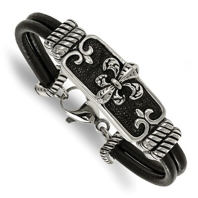 Fleur De Lis Black Leather Bracelet Stainless Steel Polished Antiqued SRB2053-8.5 by Chisel, MPN: S…