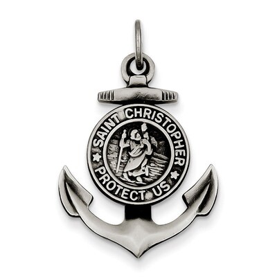Satin St Christopher Anchor Medal Pendant Antiqued Sterling Silver QC7372, MPN: QC7372, 886774582757