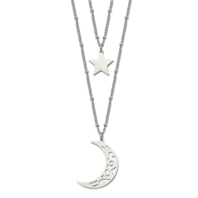 2 Strand Beaded Star and Moon 30 Inch ch Necklace Stainless Steel Polished SRN2490-30 by Chisel, MP…