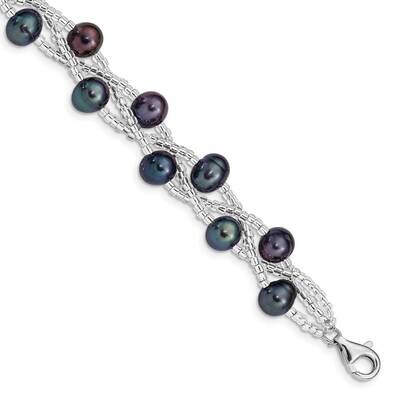 7-9mm Black Freshwater Cultured Pearl Plastic Bead Bracelet Sterling Silver Rhodium-plated QG5087-7…