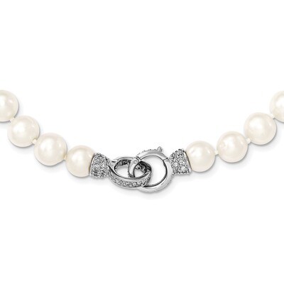 9-10mm White Cultured Freshwater Pearl CZ Diamond Fancy Clasp Adjustable Necklace 18 Inch Sterling …