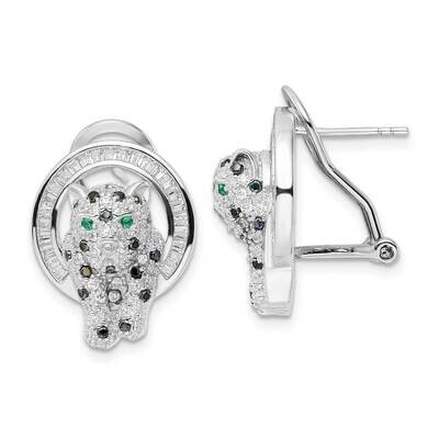 CZ Diamond Circle with Cheetah Post Omega Back Earrings Sterling Silver Rhodium-Plated QE16504, MPN…
